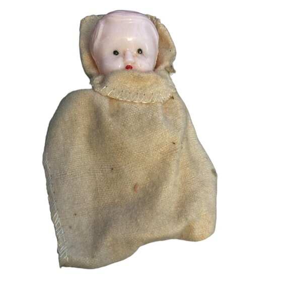Vintage Celluloid Plastic Baby in Blanket Made in Hong Kong 3.5" - Picture 1 of 7